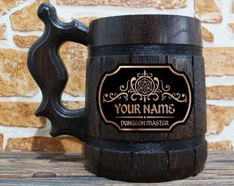 Dungeon Master Beer Mug, Personalized Dungeons & Dragons Engraved Beer Tankard, Groomsmen Gift, Wooden Beer Stein, Custom Gamer DM Gift