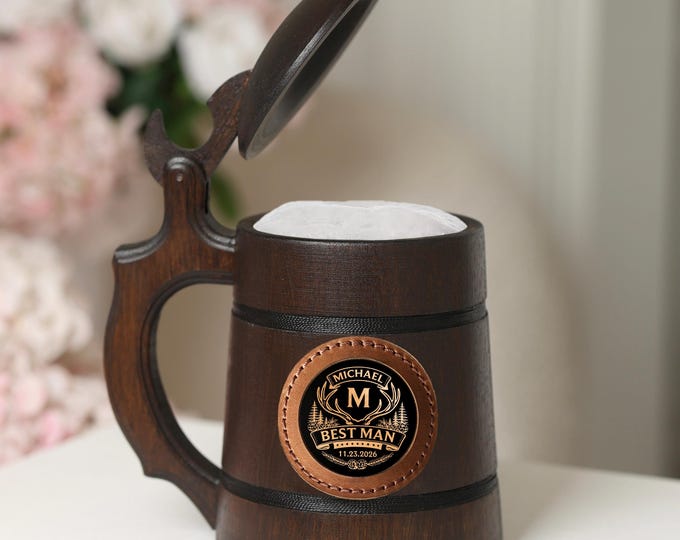 Personalized Oak Beer Mug with Lid, Custom Groomsman Gift, Wooden Tankard 500ml
