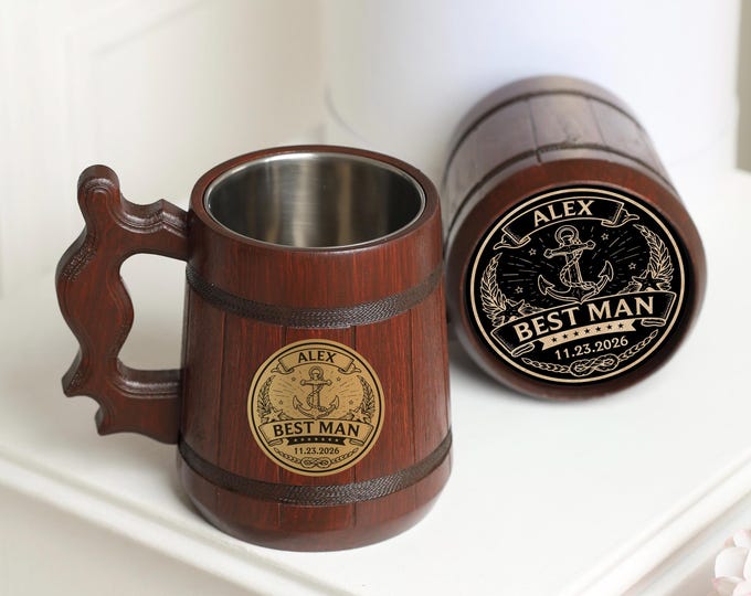 Wedding Party Beer Mug 500ml, Personalized Redwood Tankard for Groomsmen