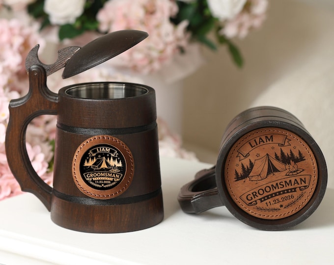 Handmade Oak Beer Stein with Lid, Custom Name & Date, Groomsman Proposal Gift