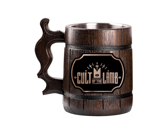 Cult of the Lamb Wooden Beer Mug, Beer Stein, Personalized Tankard, Custom Engraved