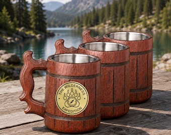 Custom Engraving Mug, Wooden Beer Stein for Fisherman or Hunter, Gift Tankard for Man, Dad or Grandpa