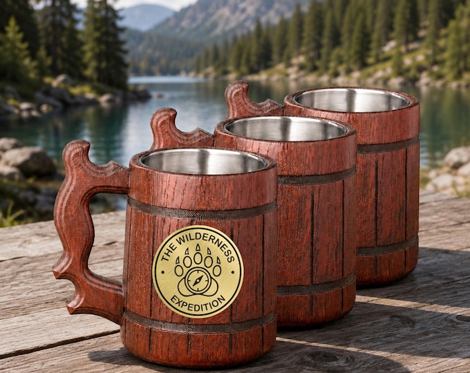 Custom Engraving Mug, Wooden Beer Stein for Fisherman or Hunter, Gift Tankard for Man, Dad or Grandpa