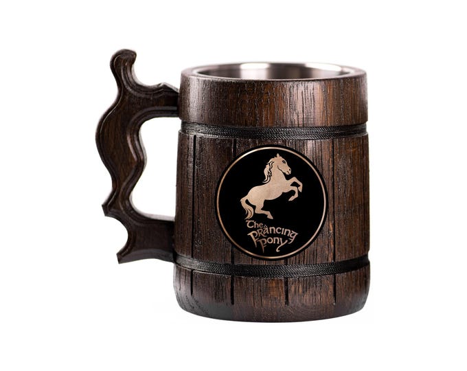 Prancing Pony Handcrafted Wooden Beer Mug – Tavern Style Fantasy Stein with Emblem
