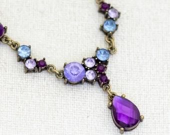18 inch, Vintage Purple Gem Teardrop Vibrant Rhinestones Lariat Necklace by Avon - P1