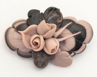 Vintage Victorian Pink and Black Clay Roses Brooch - A4