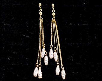 Dangle Earrings, Gold Earrings, White Earrings, Stylish Earrings, Lovely Earrings, Faux Pearl Earrings, Staggered Length Earrings, A2