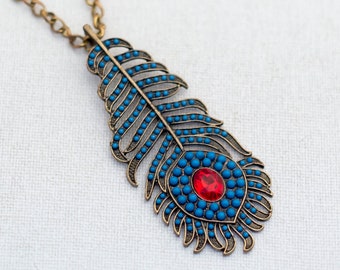 Collier de plumes de paon bleu vintage 36'' - A7