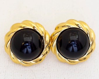 Vintage Black Circular Gold Tone Spiral Stud Earrings - KJL by Avon - A17