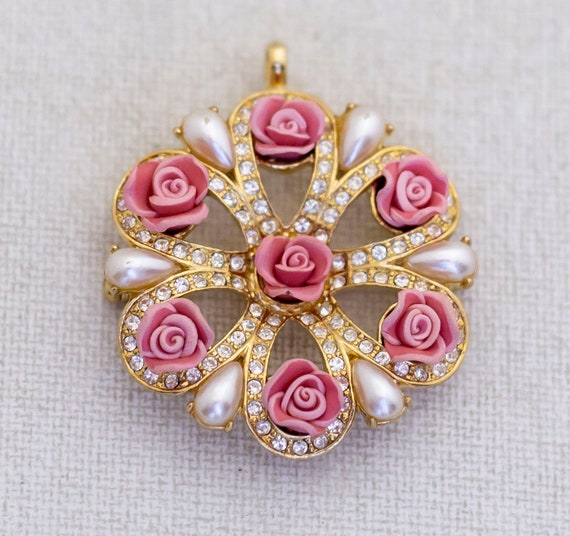 Vintage Pink Roses Gold Tone Geometric Victorian … - image 1