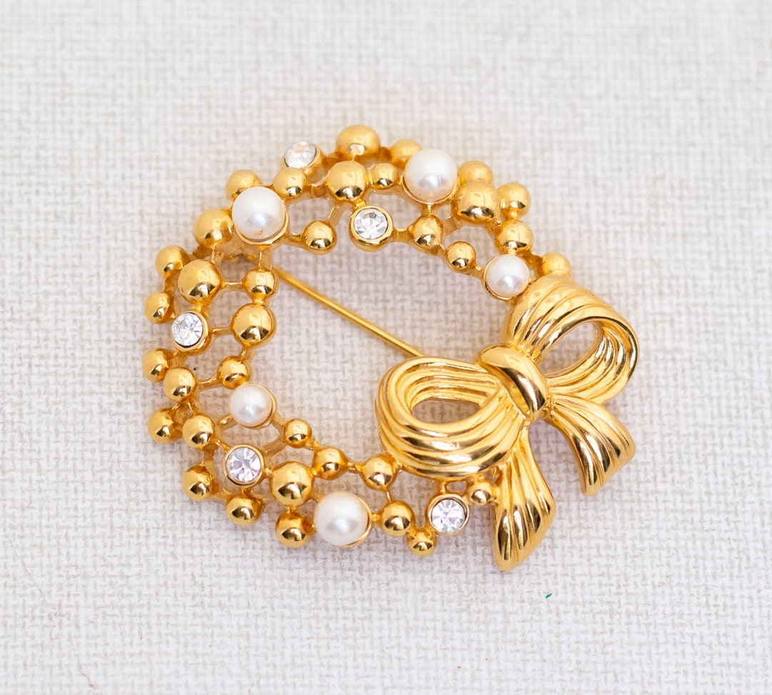 Broche Vintage Couronne Feuille En Argent Massif - Zircons & Perles De Nacre - Modèle #K30