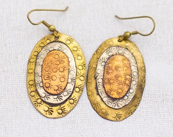 Vintage Intricate Oval Three-tone Dangle Earrings - A22