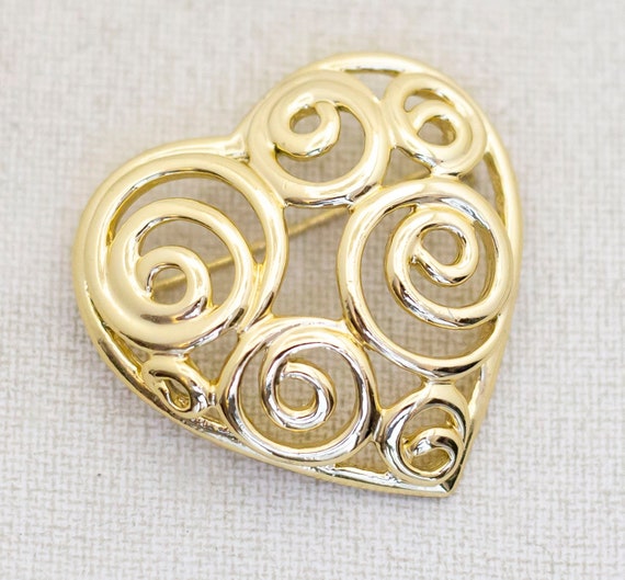 Vintage Gold Tone Spiral Heart Elegant Brooch - M1 - image 1