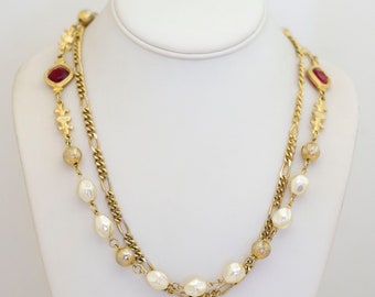 30 inch, Vintage Linked Faux Pearls Gold Tone Chained Multi Strand Necklace by Korea - N1