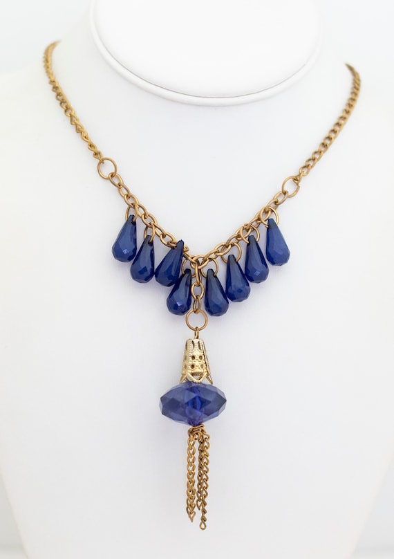 34 inch, Vintage Blue Teardrop Beads Gold Tone Bi… - image 2