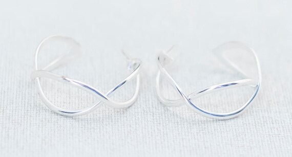 Vintage Sterling Silver Curvy Hoop Earrings - A7 - image 2