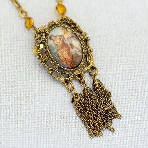 26 inch, Vintage Renaissance Oval Cameo Gold Tone Tassel Necklace - i1