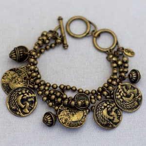 8 inch, Vintage Gold Tone Faux Coins Mid Century Bracelet - O1