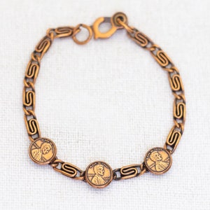 7 inch, Vintage Mid Century Faux Coins Copper Bracelet - AB2