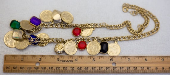 22 inch, Vintage Gold Tone Dangling Faux Coin Cha… - image 3