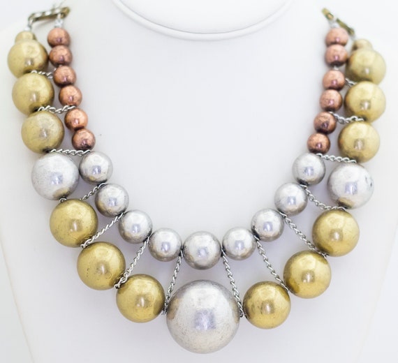 24 inch, Vintage Tri-tone Spherical Beads Bib Nec… - image 2