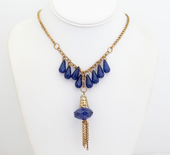 34 inch, Vintage Blue Teardrop Beads Gold Tone Bi… - image 1
