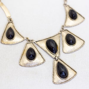 18 inch, Vintage Silver Tone Geometric Triangles Black Beads Bib Necklace by ixel - A25