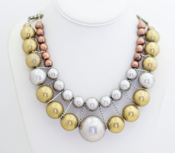 24 inch, Vintage Tri-tone Spherical Beads Bib Nec… - image 1