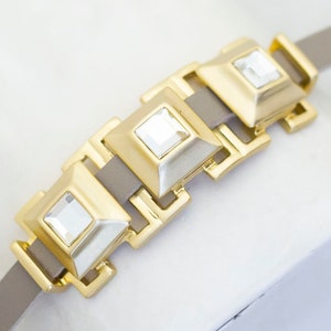 7 inch, Vintage Geometric Square Rhinestones Gold Tone Bracelet - H1