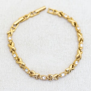 20 cm, Vintage Goudkleurige X-Cross Strass Armband van Avon - D1
