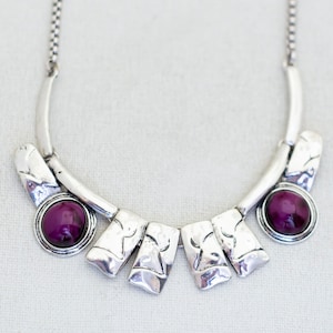 18 inch, Vintage Purple Beads Silver Tone Avant Garde Bib Necklace - J1