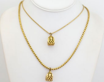 24 inch, Vintage Gold Tone Bird Cage Pendants Multi Strand Necklace - G1