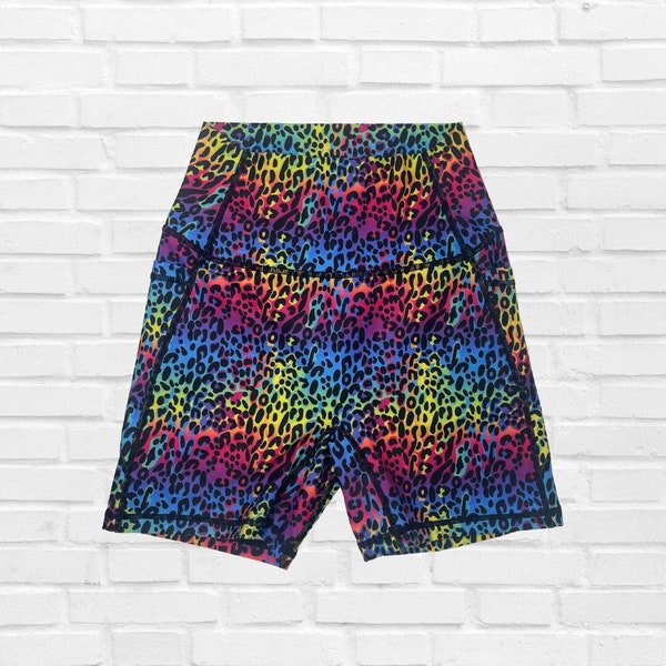 Rainbow Leopard Gym Shorts, 5" High Waist Shorts, Running Shorts, Bike Shorts, Yoga Shorts, Gym Workout Shorts, CrossFit Shorts