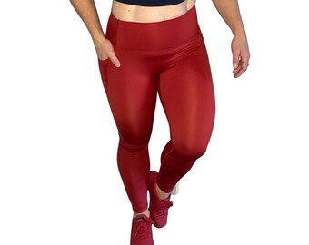 Red Leggings With Pockets, Red Squat Leggings, 25" High Rise Leggings, Gym Workout, Gym Activewear, Yoga Leggings, Exercising Leggings