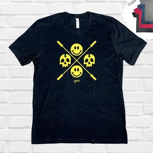 Happy Skulls Barbell T-Shirt: Emoji Workout Top