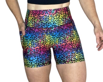 Rainbow Leopard High Waist Gym Shorts: 5&quot; Biker Shorts with Pockets