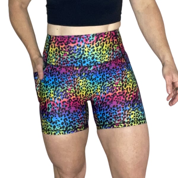 Rainbow Leopard Gym Shorts, 5" High Waist Shorts, Running Shorts, Bike Shorts, Yoga Shorts, Gym Workout Shorts, CrossFit Shorts