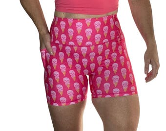 Pink Ice Cream Skull Shorts: High Rise Workout Biker Shorts