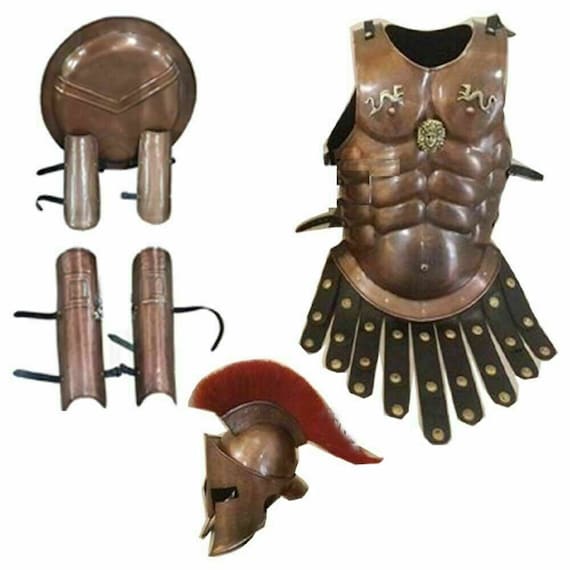 MEDIEVAL KING SPARTAN COPPER 300 HELMET W/ RED PLUME MUSCLE JACKET LEG ARM GUARDS