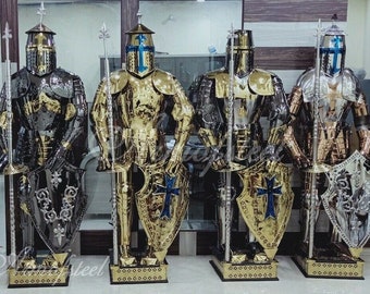 Rust Free Stainless Steel Fully Wearable Medieval Templar Knight Full Suit Of Armour Gold Finish Set Of 4 Piece Gifts