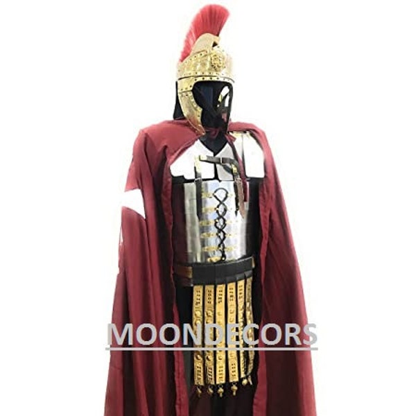 Roman Lorica Segmentata Armor with Attached Roman Cingulum Belt, Cloak and Roman Helmet Halloween Functional Complete Outfit Silver