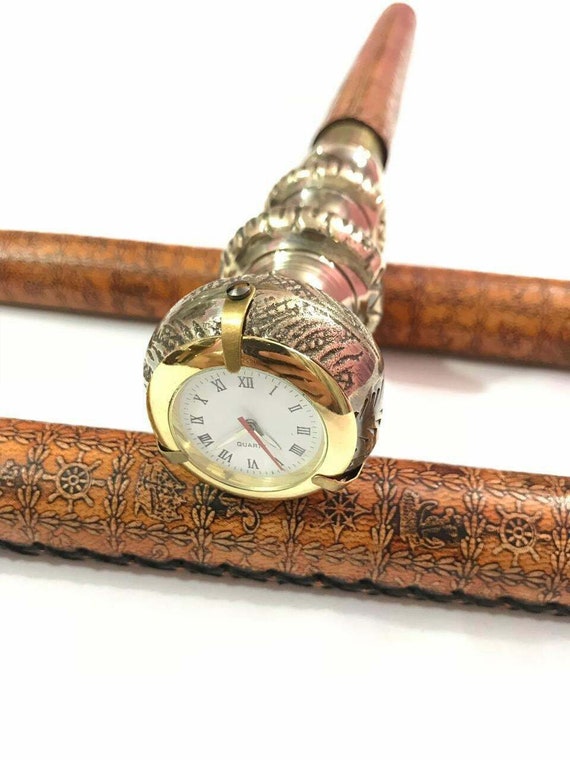 Nautical Brass Antique Cane With Clock Walking Stick Nautical Marine Watch  Gift 