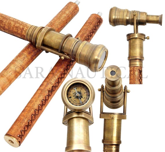 Nautical Brass Antique Cane Telescope & Compass Walking Stick Nautical  Marine Lot of 2pcs 