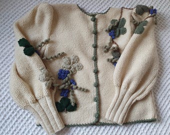 Vintage 70s/80s, wool handmade, embroidered cardigan, appliqués, inzy handstrick, Austrian, Tyrolean, large, oversize, M, L, XL, XXL, XXXL
