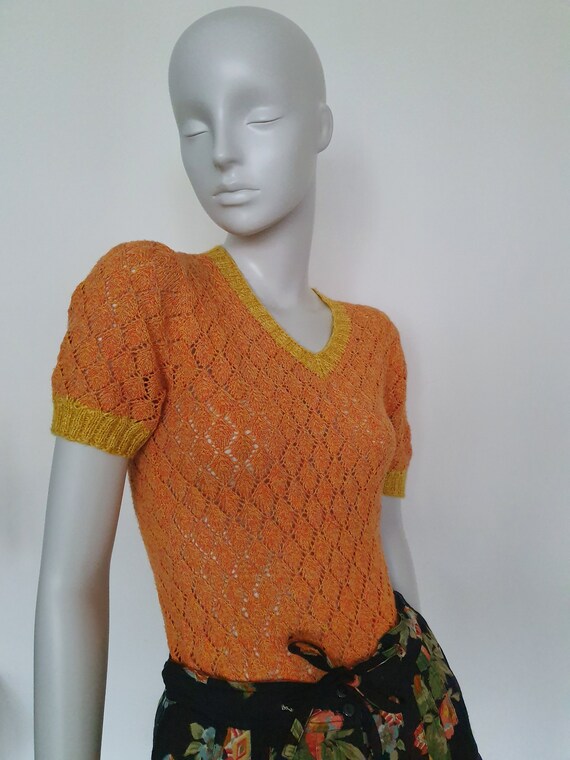 Vintage 1970s, handmade lace blouse, openwork swe… - image 7