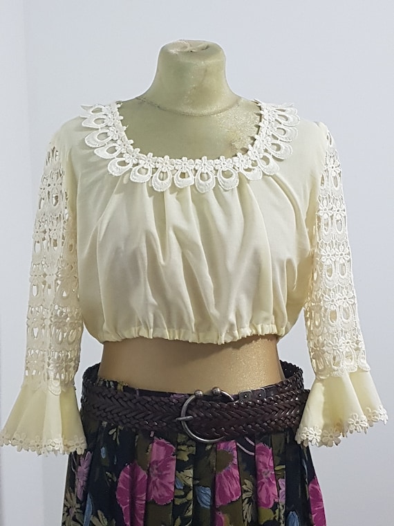 Vintage 70s blouse top corset lace Diolen dirndl … - image 1