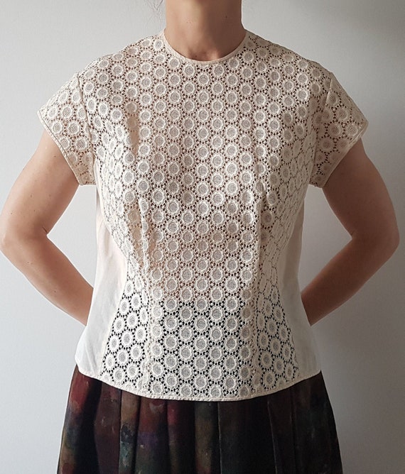 vintage 60s cotton blouse top lace guipure a la Ch