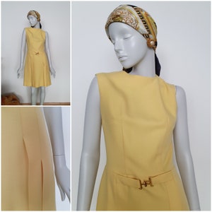 Vintage Swiss wool dress from the 60s, Tweggy style, mini, butter yellow, size S, M