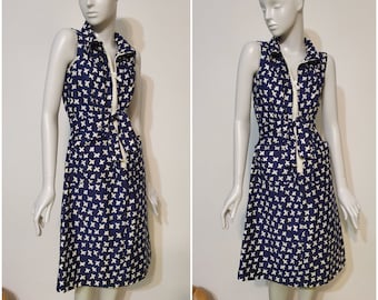 Raro, vintage 1970, COURREGES París, vestido azul marino con motivos blancos, talla S, M