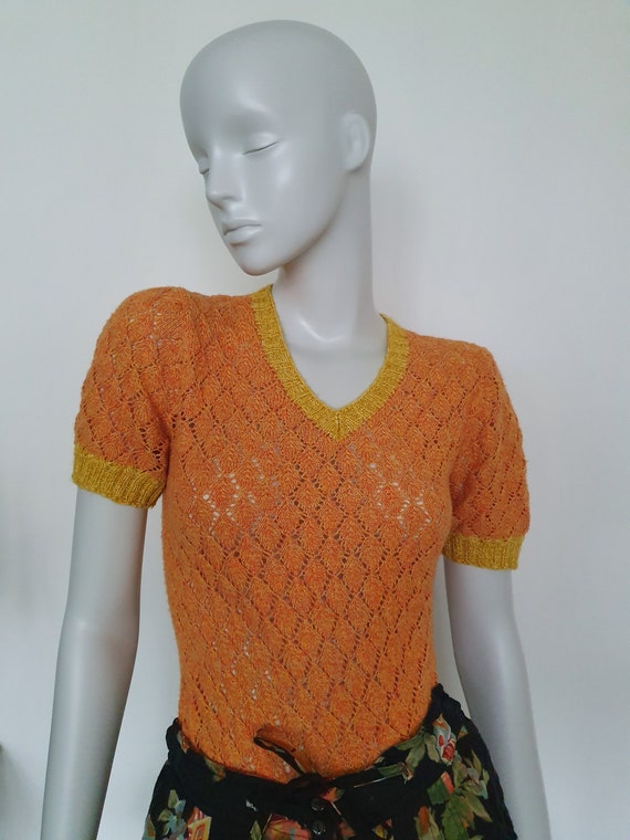 Vintage 1970s, handmade lace blouse, openwork swe… - image 1
